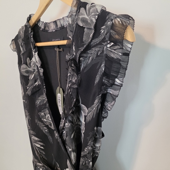 NWT All Saints Ari Mia Chiffron Black White Floral Wrap Dress Size US 10 - Picture 6 of 9